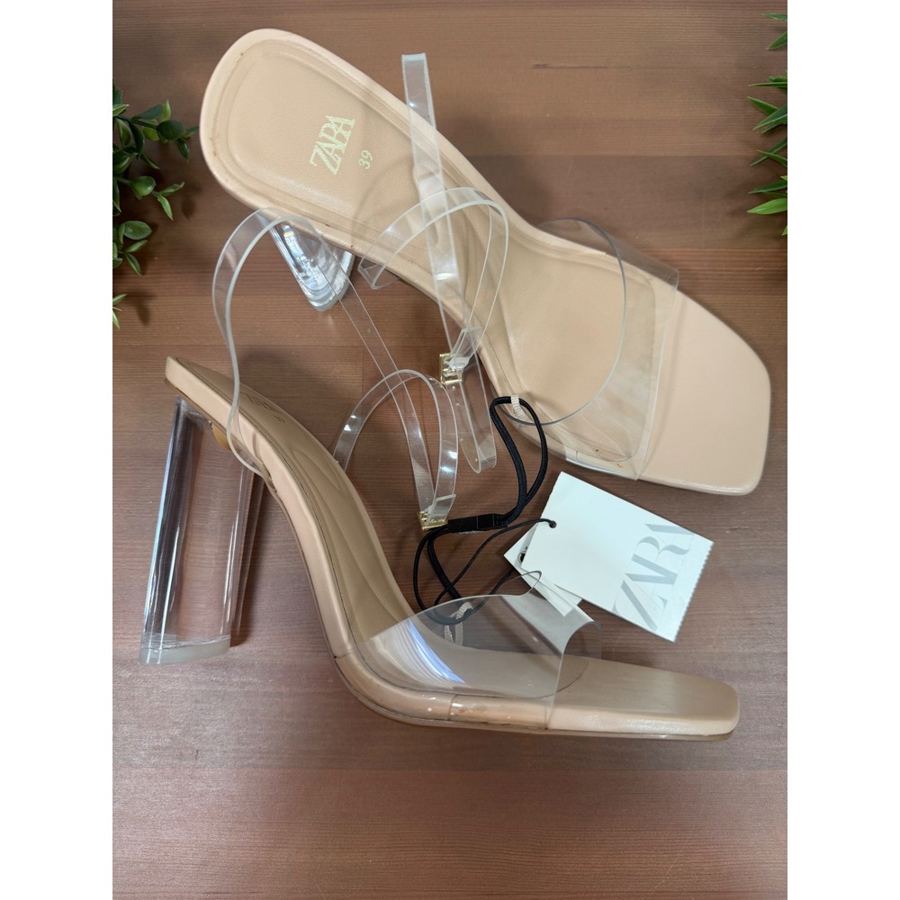 Zara Womens Clear Vinyl Block Heels Sandal Nude Transparent Ankle Strap Size 8